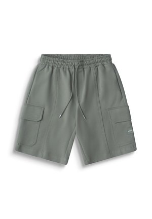 Pantaloncini cargo grigi con vita elasticizzata, coulisse frontale e due grandi tasche con patta sui lati, distesi su uno sfondo bianco.