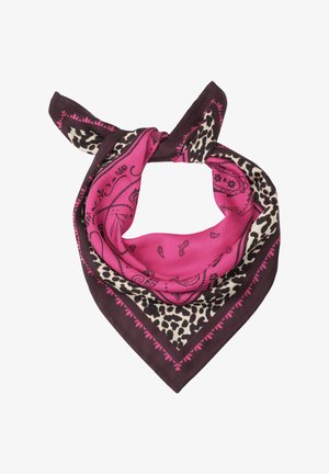 Foulard en soie avec centre rose vif, bordure marron foncé, motifs paisley noirs et accents imprimé léopard, plié en forme triangulaire avec extrémités nouées.