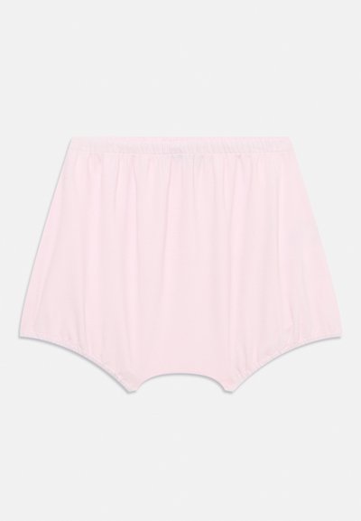 Cuecas de cintura alta de cor rosa claro, feitas de algodão macio, com uma lavagem elástica e tecido franzido para um ajuste confortável.