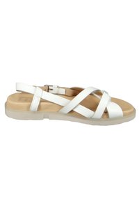 White leather sandal with crisscross straps, a cushioned footbed, adjustable ankle strap, and a light rubber sole.