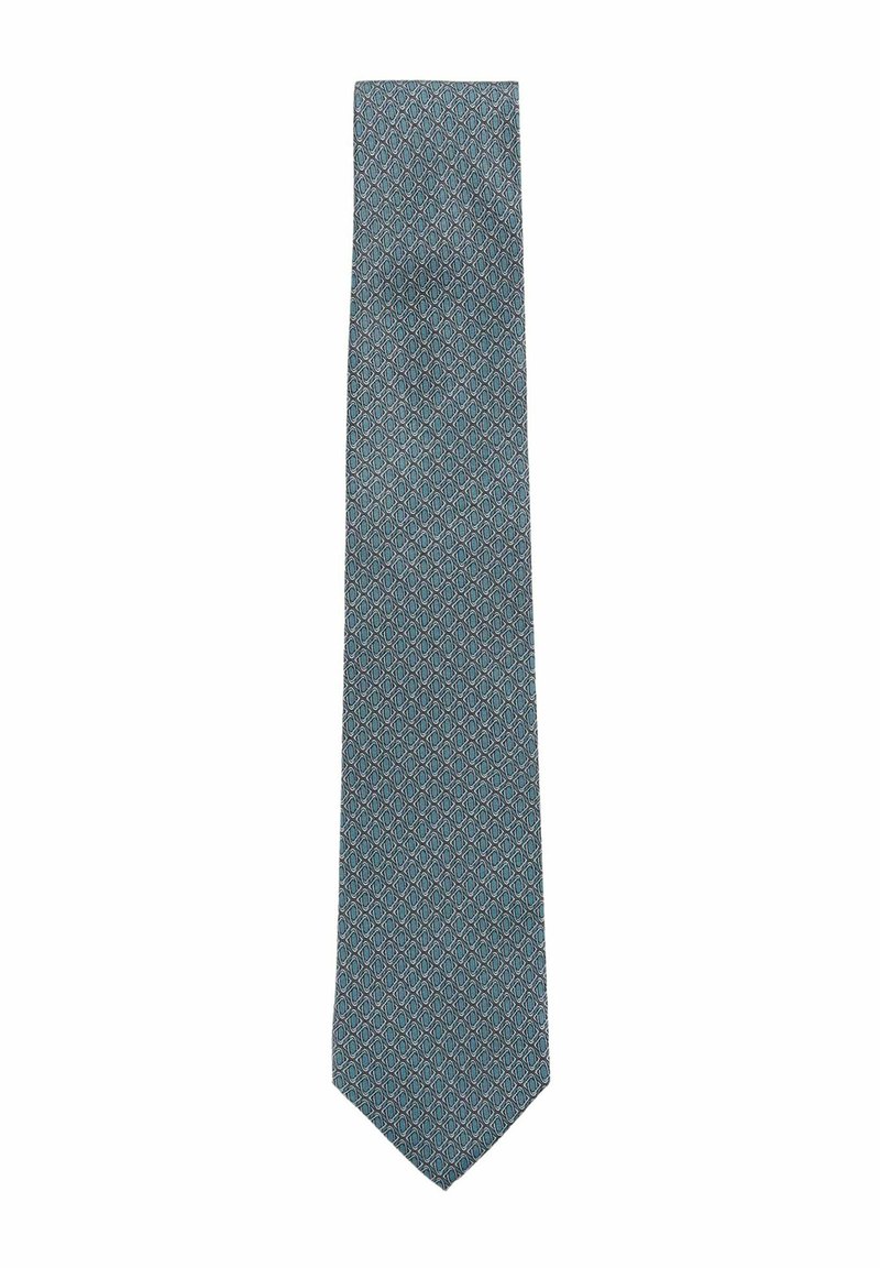 Cravate à motif bleu-vert avec un design géométrique comportant des diamants en bleu clair et des accents rouges. Le tissu semble lisse avec un léger éclat.