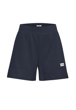Marineblå sportsshorts med strukturert stoff, elastisk midje og to sidelommer; har en liten logotag på forsiden.