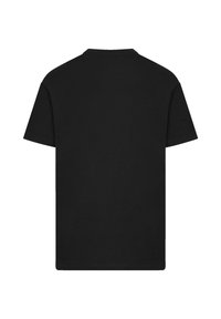 Black cotton t-shirt with a round neckline, short sleeves, and a straight hem. Smooth texture, no patterns or additional hardware details.