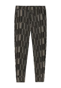 Zwarte en beige gestreepte broek met een verticaal streeppatroon, elastische tailleband en aansluitende boorden bij de enkels. Soepele stoftextuur.