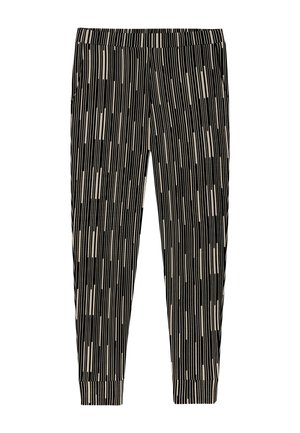 Zwarte en beige gestreepte broek met een verticaal streeppatroon, elastische tailleband en aansluitende boorden bij de enkels. Soepele stoftextuur.