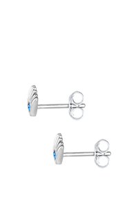 Orecchini a stud in argento con un design a forma di foglia, accentuati da una gemma blu al centro. Superficie texturizzata, finitura lucida.