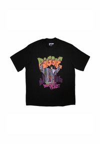 Black short-sleeve T-shirt featuring graphic print of a figure in a colorful jacket with "BIGGIE" text and "Brooklyn's Finest" below.