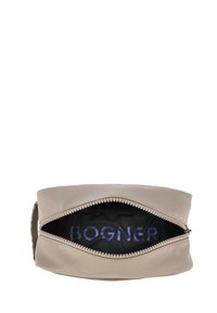 Borsa cosmetica beige con zip, realizzata in materiale resistente, con una superficie liscia e un interno nero con il logo "BOGNER".