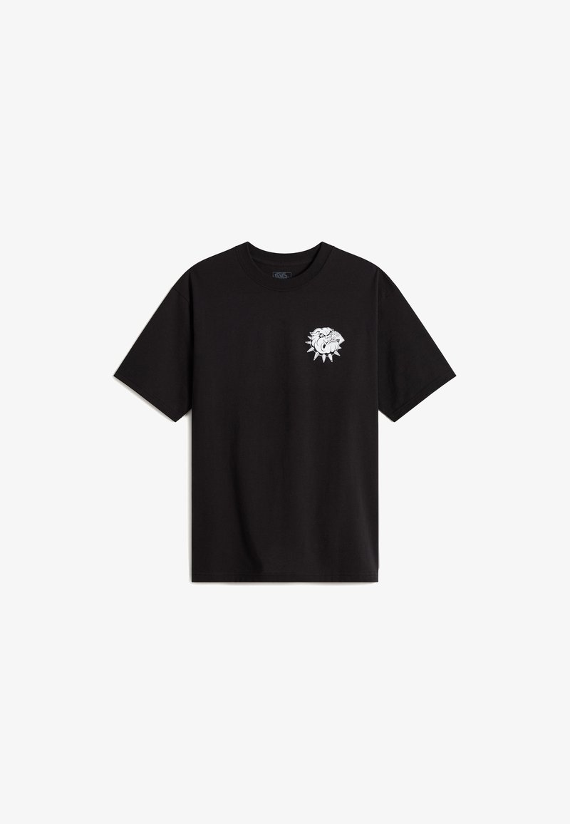 Zwart T-shirt met korte mouwen en een kleine witte afbeelding van een felle bulldog met spikes en speelkaarten op de linkerborst.