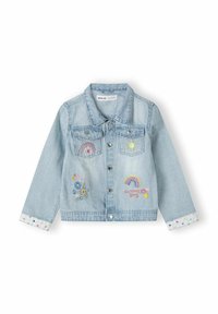Svetlo modra jeans jakna z vezenimi mavricami, soncem, rožami in besedilom 'Poletni dan'. Ima zaponke na prsnici in manšete s pikami.