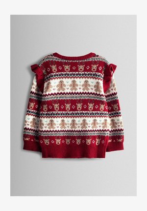 Rdeča pletena jopica z vzorcem Fair Isle, ki vključuje jelene, srca in medenjake, okrašena s frfotavimi rokavi in ribanim robom.