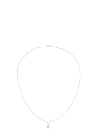 Sølv kædedyse med en delikat vedhæng, der har et rundt, funkende design, der fremhæver transparente accenter på en elegant, tynd kæde.