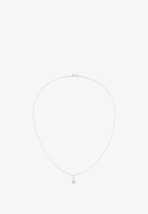 Srebrna lančić ogrlica s delikatnim privjeskom koji ima okrugli, sjajni dizajn, s prozirnim akcentima na elegantnom, tankom lancu.