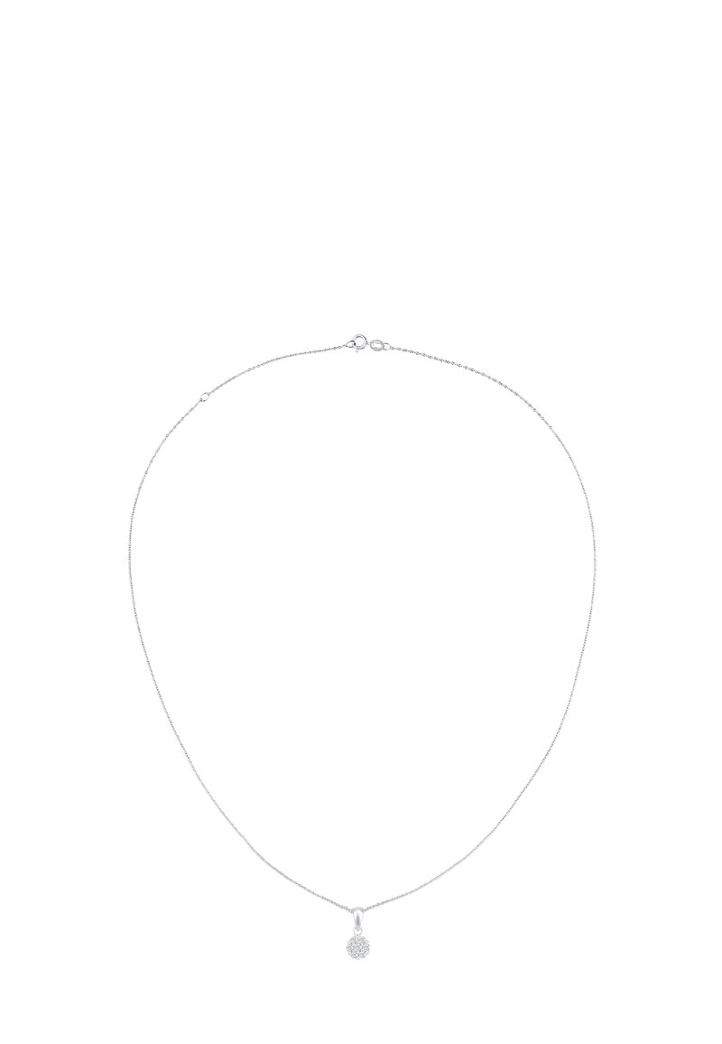 Sølv kædedyse med en delikat vedhæng, der har et rundt, funkende design, der fremhæver transparente accenter på en elegant, tynd kæde.