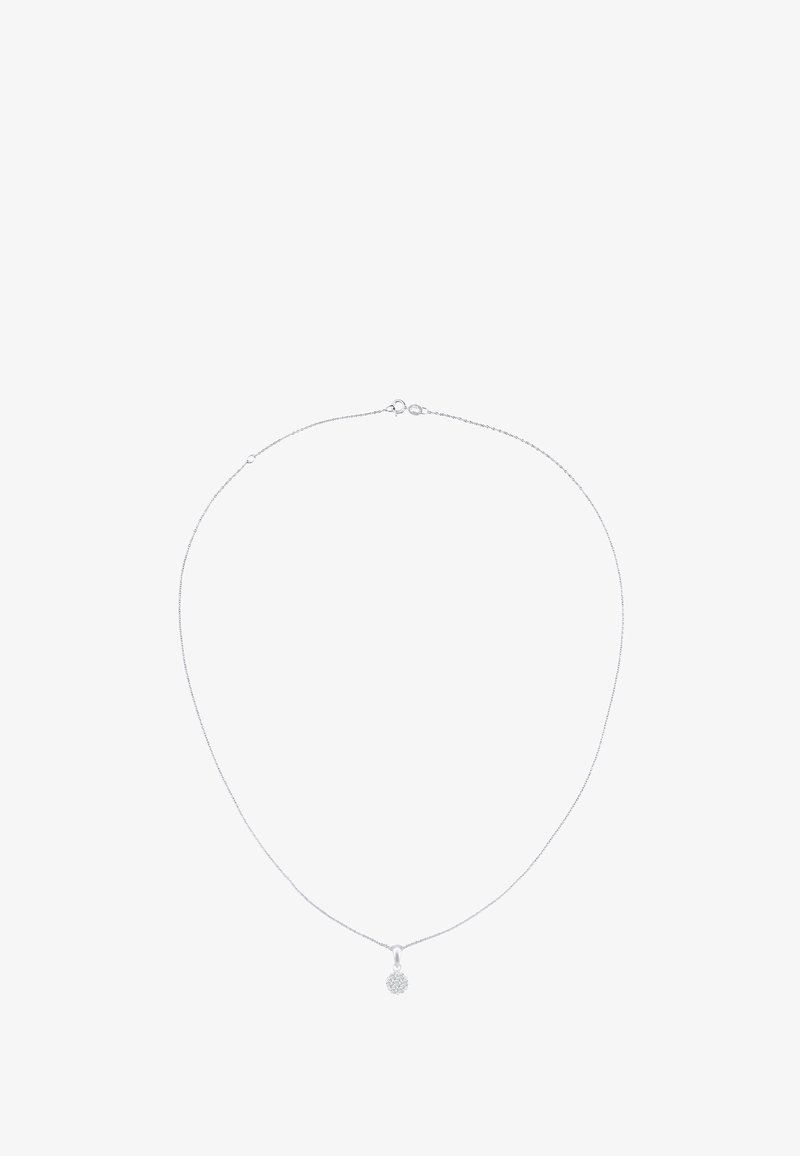 Sølv kædedyse med en delikat vedhæng, der har et rundt, funkende design, der fremhæver transparente accenter på en elegant, tynd kæde.