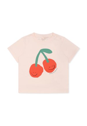 T-shirt rosa chiaro a maniche corte con una grafica di due ciliegie rosse sorridenti con steli verdi. Chiusure a scatto sulla spalla per facilitare il vestire.