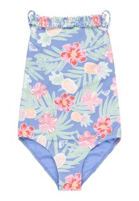 Blå baddräkt med volangöverskärning, prydd med ett tropiskt mönster av rosa blommor och gula ananaser mot gröna blad.