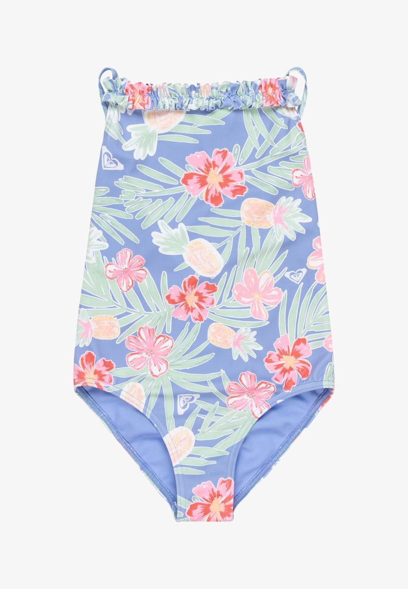 Blå baddräkt med volangöverskärning, prydd med ett tropiskt mönster av rosa blommor och gula ananaser mot gröna blad.