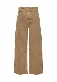 Pantalons beige à jambes larges en tissu texturé, avec une taille haute, une fermeture à boutons et un ourlet brut en bas pour un look décontracté.