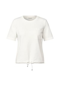 T-shirt en coton blanc à manches courtes, avec un col rond et un ourlet à cordon. Présente un détail de poche texturé sur le côté gauche.