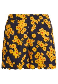 Shorts fleuris avec un fond marine orné de tournesols jaunes et de centres rouges, ourlet à volants et tissu léger.