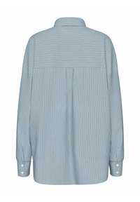 Prugasta srajca u svjetloplavoj i tamnoplavoj boji, s ovratnikom, dugim rukavima i kopčama na rukavima. Glatka tekstura s opuštenim krojem.