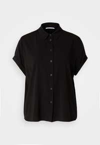 Black short-sleeve blouse with a button-up front, a classic collar, and a loose fit. The fabric appears smooth and lightweight.