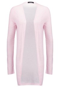 Ljust rosa cardigan med långa ärmar, öppen frontdesign, tillverkad av ett mjukt, texturerat tyg, med rak fåll och utan knäppning.