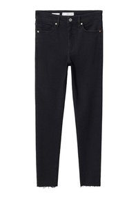 Jeans skinny negros de denim, con cierre de botón, bolsillos frontales y dobladillo deshilachado. Textura suave con un diseño limpio y ajustado.