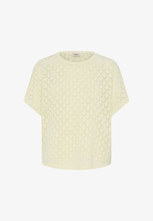 Kreemjas lühikeste varrukatega kootud topp teemantkujundusega avatud mustriga ja ümmarguse kaelusega, märgistusega "Fransa".