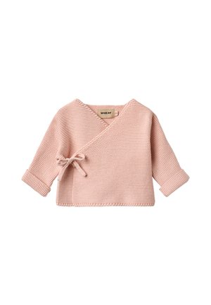 Blød lyserød strikket babycardigan med lange ærmer, omlægning foran og sidebindelukning.