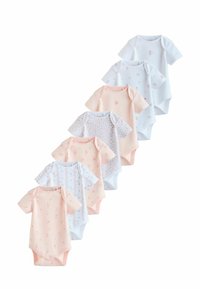 Set of eight short-sleeve baby bodysuits in pink and light blue, featuring floral patterns and plain designs, made from soft cotton fabric.
