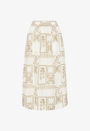 Balta sijonas su auksiniu gėlių ir geometriniu raštu, sutraukta elastinga juosmens juosta ir iki kelių ilgio. Lygus medvilnės audinys.