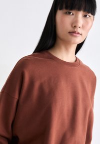 Sudadera marrón con un corte relajado, cuello redondo y costuras de hombro caídas. Textura suave sin patrones visibles ni detalles de hardware.