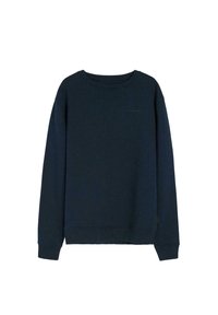 Granatowa bluza, okrągły dekolt, długie rękawy, wykonana z miękkiego materiału, z subtelnym logo na piersi, ściągacze na rękawach i u dołu.