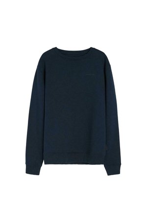 Granatowa bluza, okrągły dekolt, długie rękawy, wykonana z miękkiego materiału, z subtelnym logo na piersi, ściągacze na rękawach i u dołu.