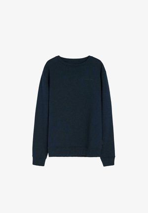 Granatowa bluza, okrągły dekolt, długie rękawy, wykonana z miękkiego materiału, z subtelnym logo na piersi, ściągacze na rękawach i u dołu.