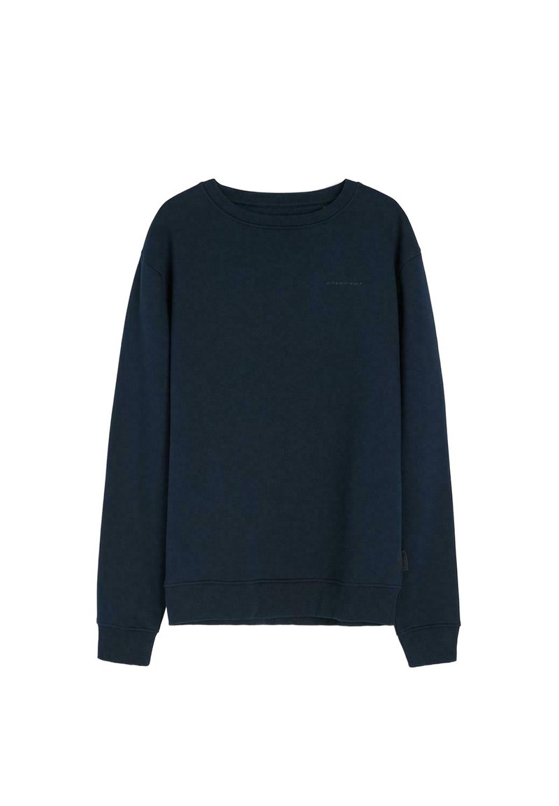Granatowa bluza, okrągły dekolt, długie rękawy, wykonana z miękkiego materiału, z subtelnym logo na piersi, ściągacze na rękawach i u dołu.