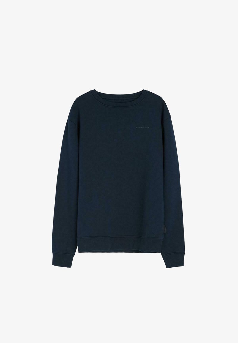 Granatowa bluza, okrągły dekolt, długie rękawy, wykonana z miękkiego materiału, z subtelnym logo na piersi, ściągacze na rękawach i u dołu.