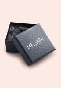 Svart, texturerad smyckeslåda med ett gångjärnslock, som har silverfärgad skrift "Sofia Milani Jewels" på framsidan och skrynkligt papper inuti.