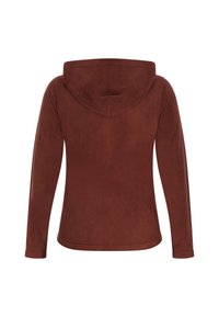 Hanorac din fleece maro cu maneci lungi si gluga, avand o textura neteda si un design simplu, prezentat din spate.