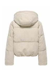 Veste matelassée en velours côtelé beige avec capuche, manches longues et ourlet élastiqué, vue de dos sur fond blanc.