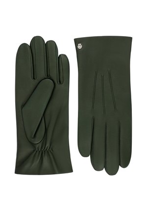 Grüne Lederhandschuhe mit glatter Textur, passgenauer Form, gerafftem Handgelenkdetail und dezenten Nähten. Beinhaltet ein kleines metallisches Logo-Highlight.