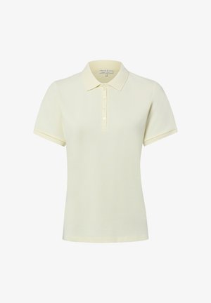 Crèmekleurig poloshirt met korte mouwen, kraag en vier knopen op de knoopsluiting, maat small.