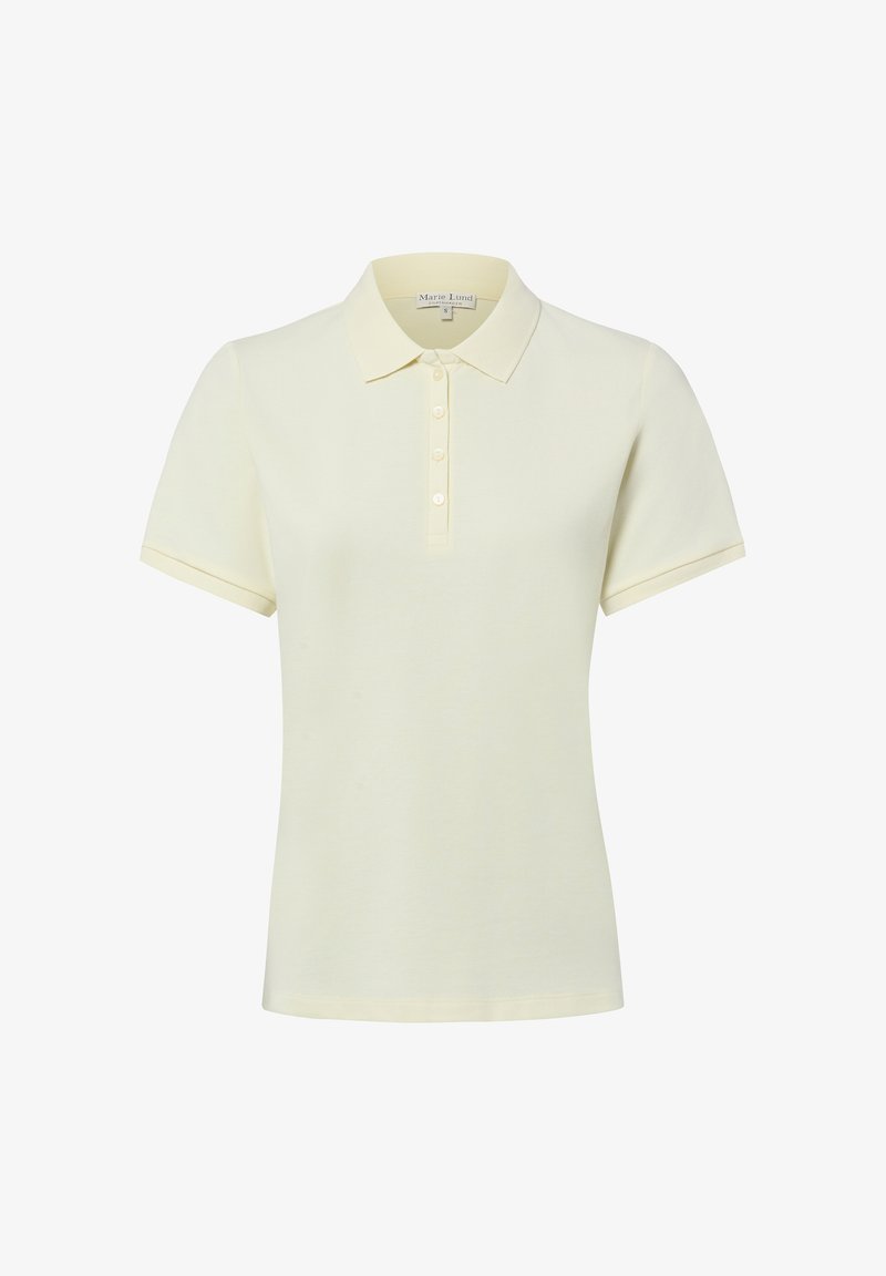 Polo crème à manches courtes avec col et quatre boutons sur la patte, taille petite.