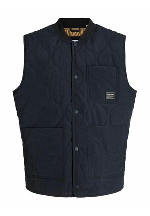 Chaleco acolchado azul marino con cuello de canalé, botones a presión y dos bolsillos frontales; presenta un sutil patrón de olas en la tela.