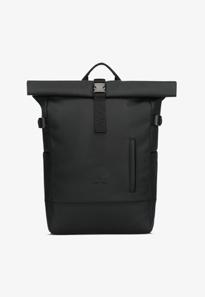 Rucsac negru cu rând de siguranță, realizat din material durabil, cu curele ajustabile, mâner superior, buzunar lateral și detaliu logo în față.