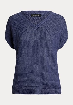 Navy blue knitted top with a V-neck, short sleeves, and textured pattern. Features a ribbed hem and label sewn at the neckline.