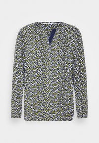 Blusa a maniche lunghe in blu navy, con un motivo floreale in bianco e verde. Collo rotondo con un piccolo dettaglio a chiave.