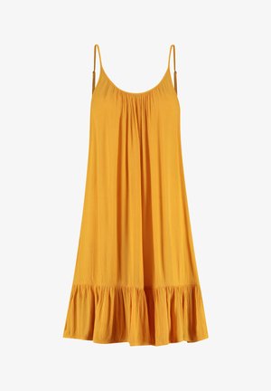 Geel mouwloos jurkje met een geplooide bodice, vloeiende A-lijn vorm en een gerimpelde zoom. Gemaakt van lichtgewicht, gestructureerde stof.